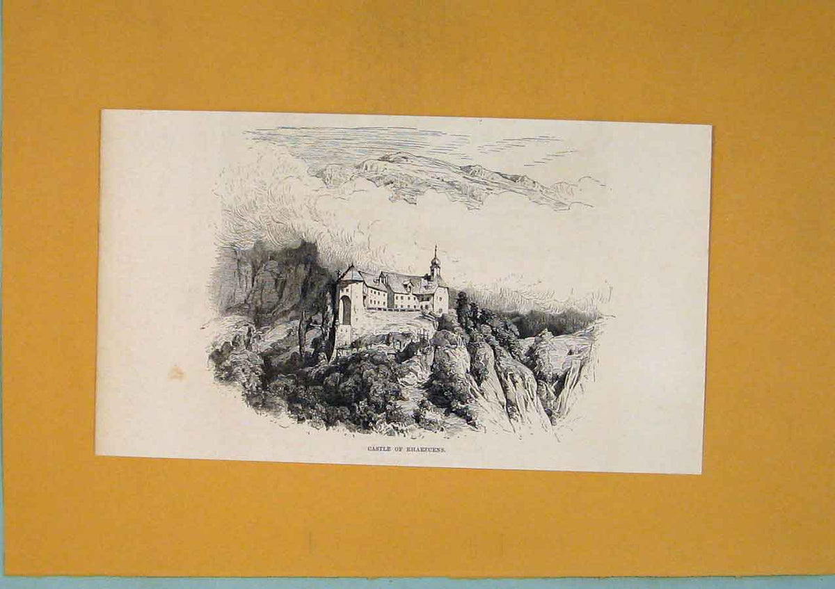 Original Old Antique Print Castle Rhaezuens Mountain Swiss Switzerland
