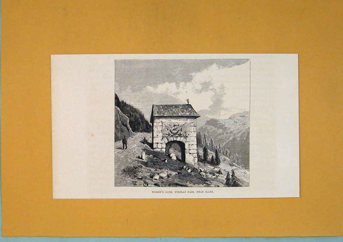 Original Old Antique Print Womens Gate Porclas Pass Ilanz Swiss Art 1878 19th