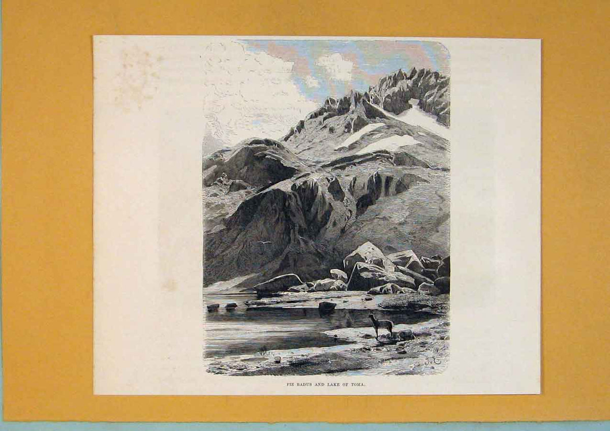 Original Old Antique Print Piz Badus Lake Toma Deer Mountain Switzerland