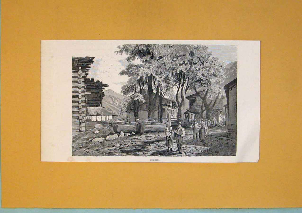 Original Old Antique Print Somvix Switzerland Fine Art Town Swiss