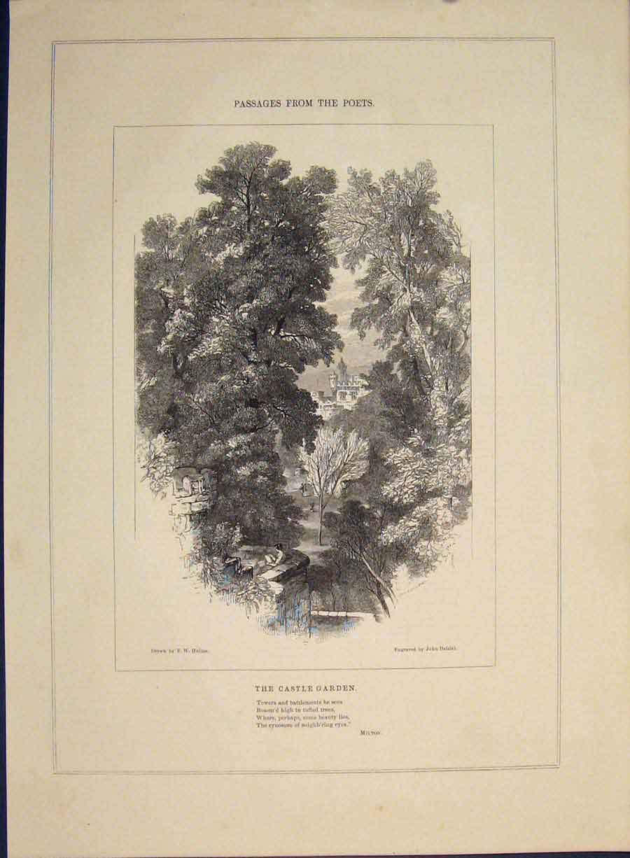 Original Old Antique Print Milton Poet Poetry Balcony Village Castle Garden