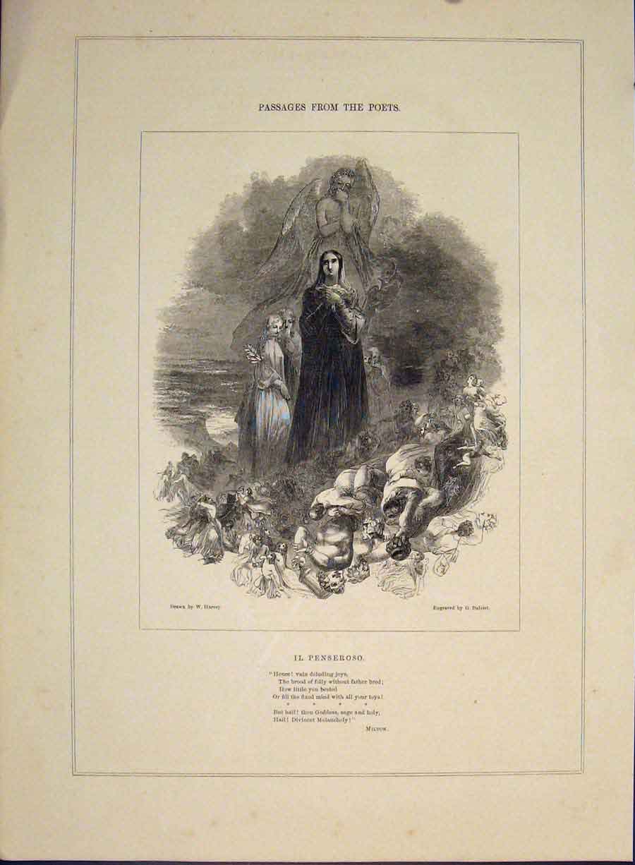 Original Old Antique Print Il Penseroso Milton Poet Poetry Goddess