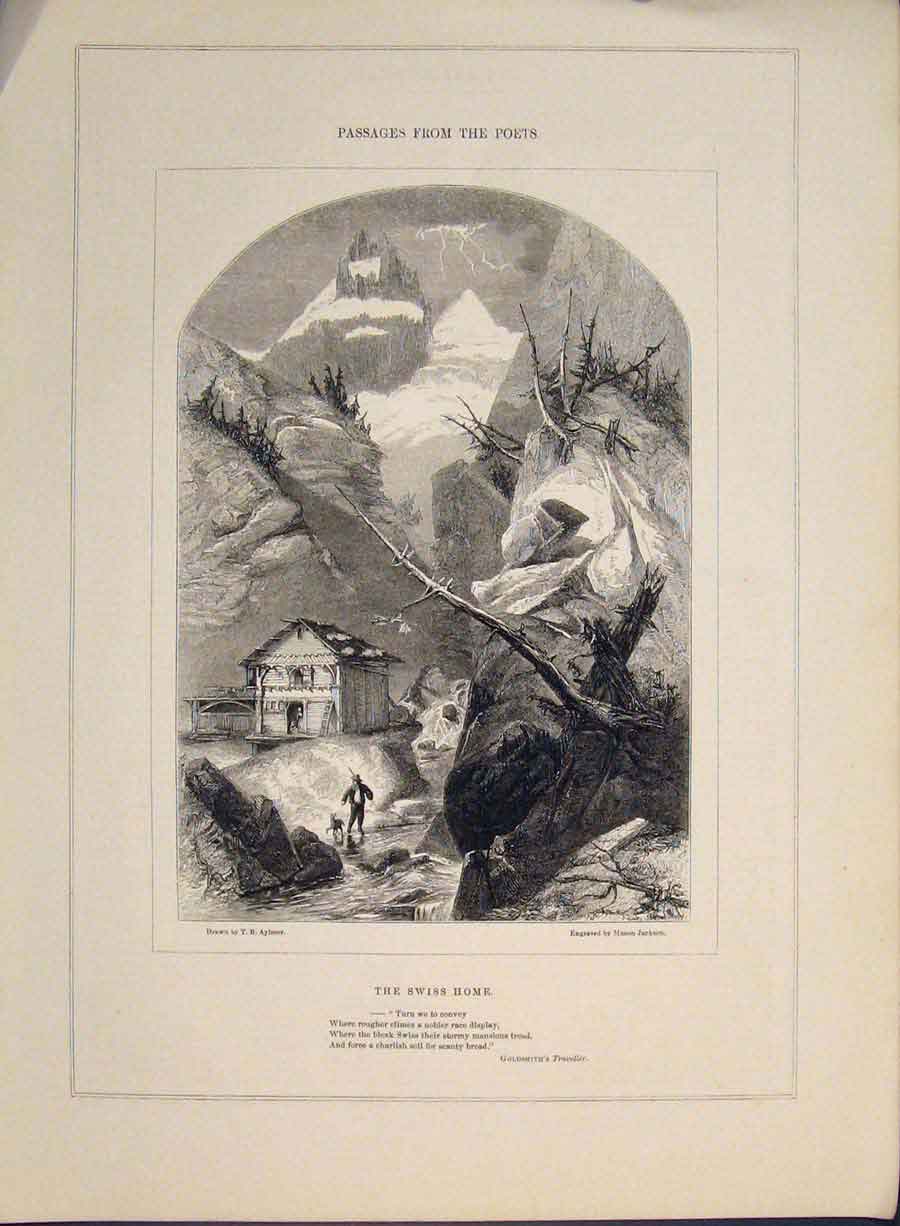 Original Old Antique Print Swiss Home Gsmiths Traveller Poet Poetry Poem