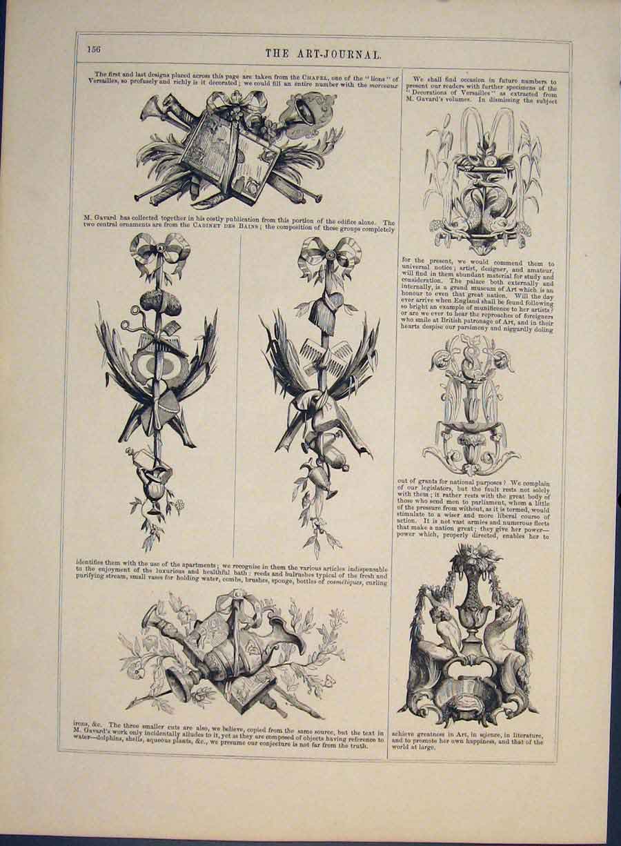 Original Old Antique Print Decorations Versailles Steel Engravings