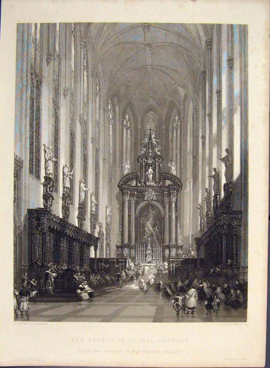 Original Old Antique Print Church St Paul Antwerp Engraving C1850 Fine Art 19th