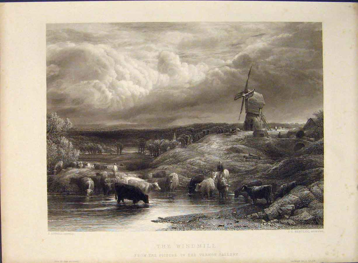 Original Old Antique Print Windmill Engraving Bentley C1850 Fine Art Victorian