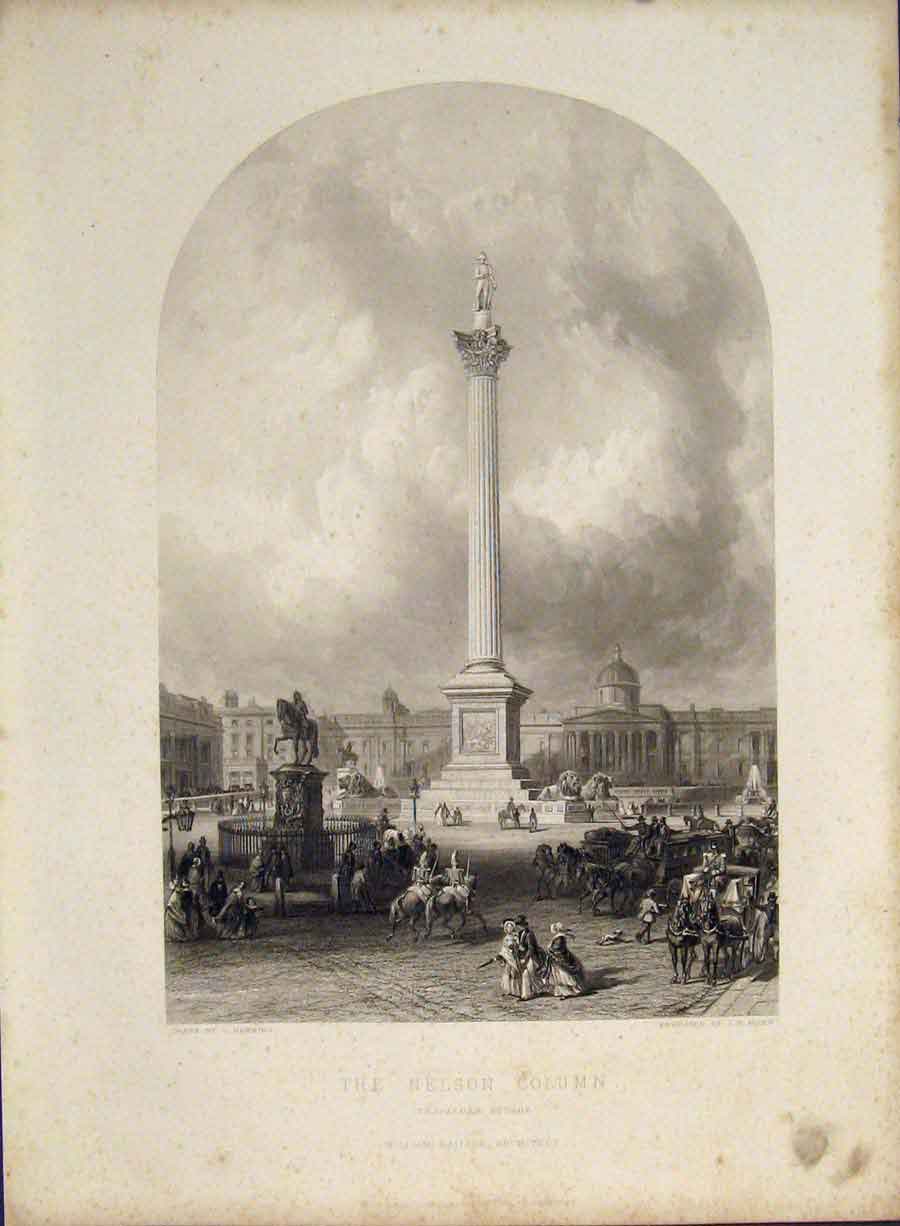 Original Old Antique Print Nelson Colum Trafalgar Square Engraved Drawing C1850