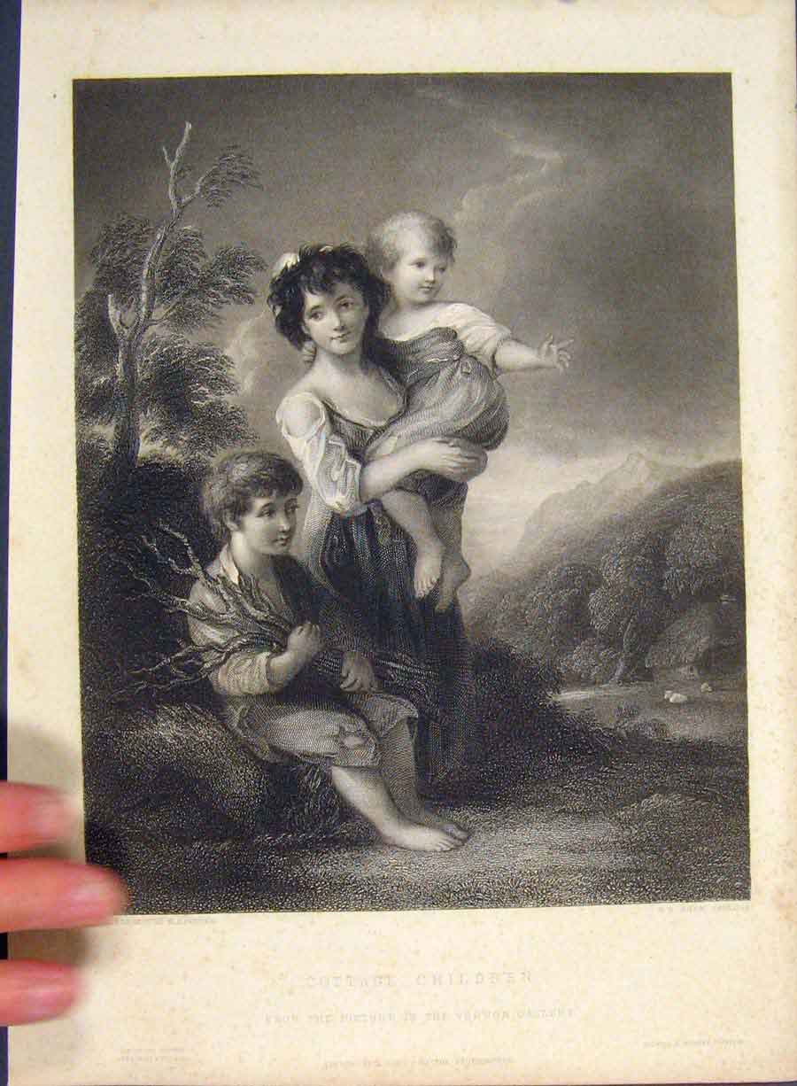 Original Old Antique Print Cottage Children Engraved Painting Shaw C1850 19th