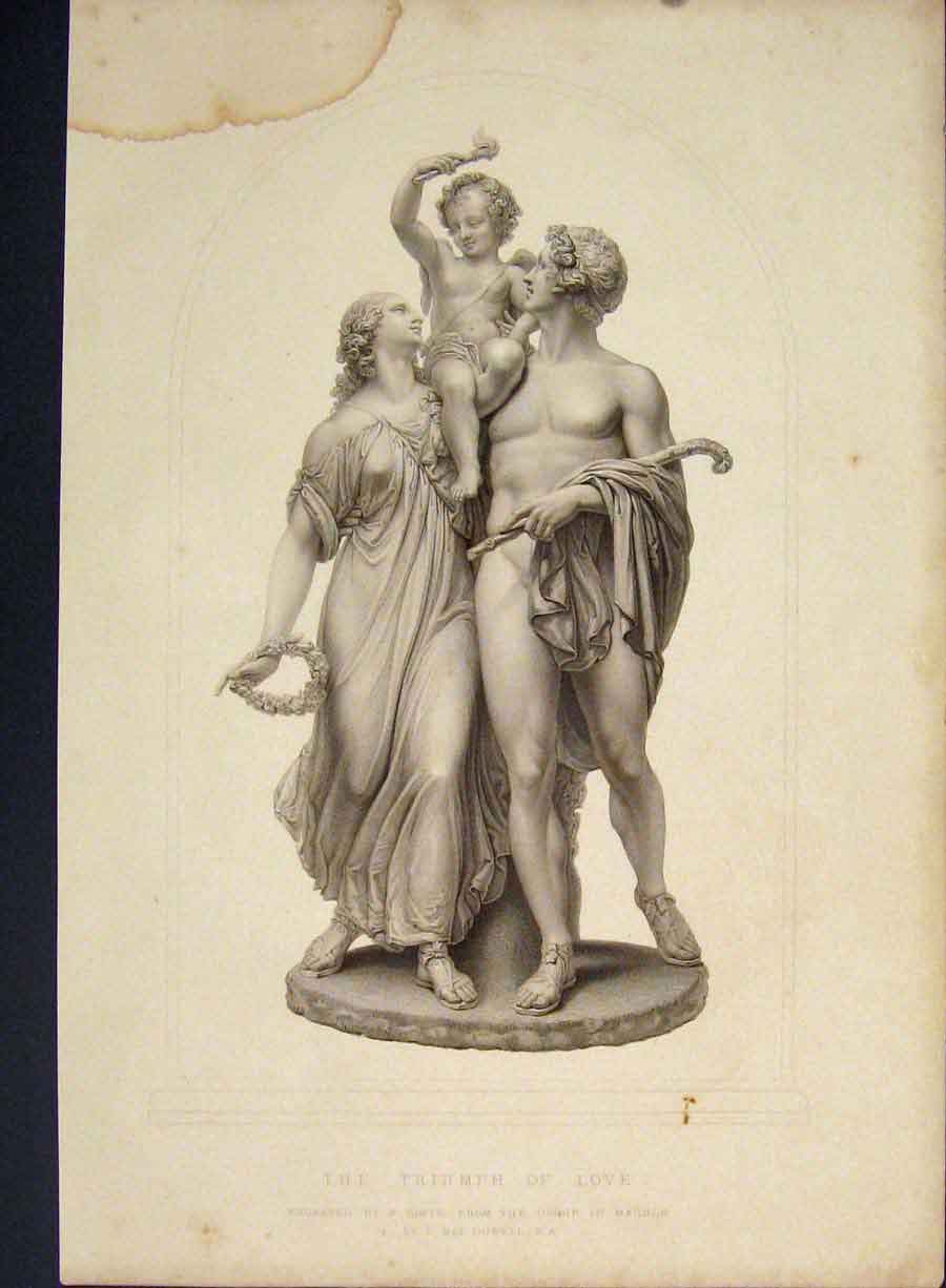 Original Old Antique Print Triumph Love Marble Engraving Dowell C1850 Victorian