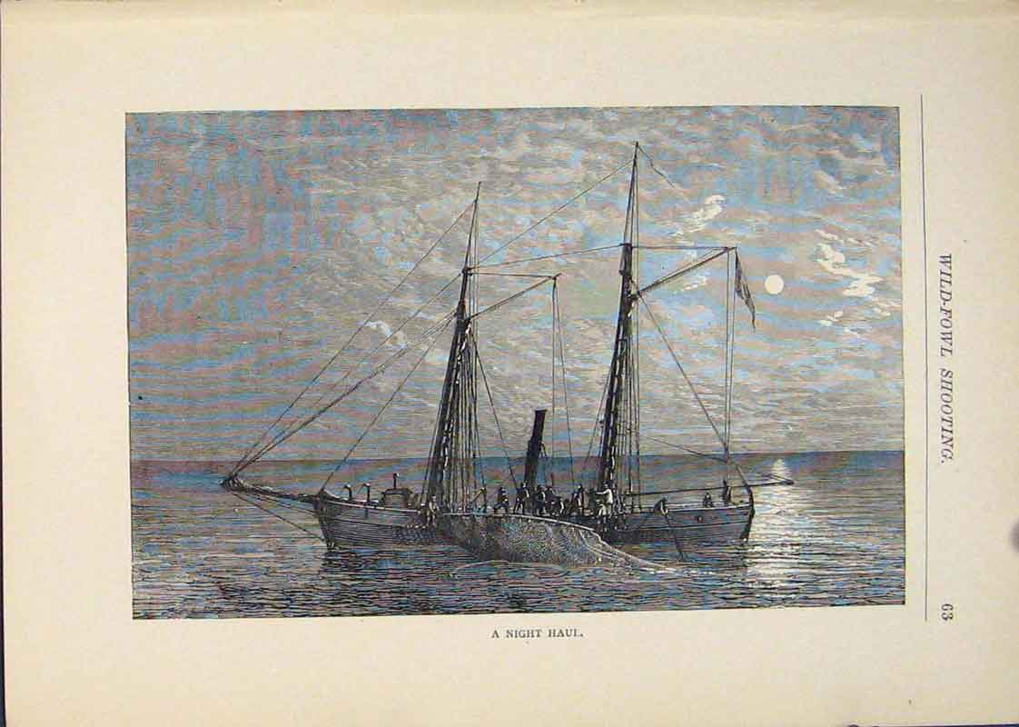 Original Old Antique Print Night Haul Ship Boat Boats Sail Sailing Sails