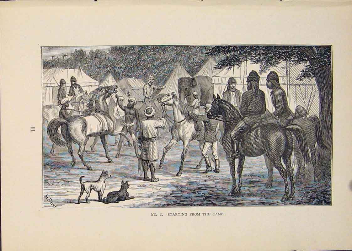 Original Old Antique Print Camp Campsite Camping Horse Tent Horses