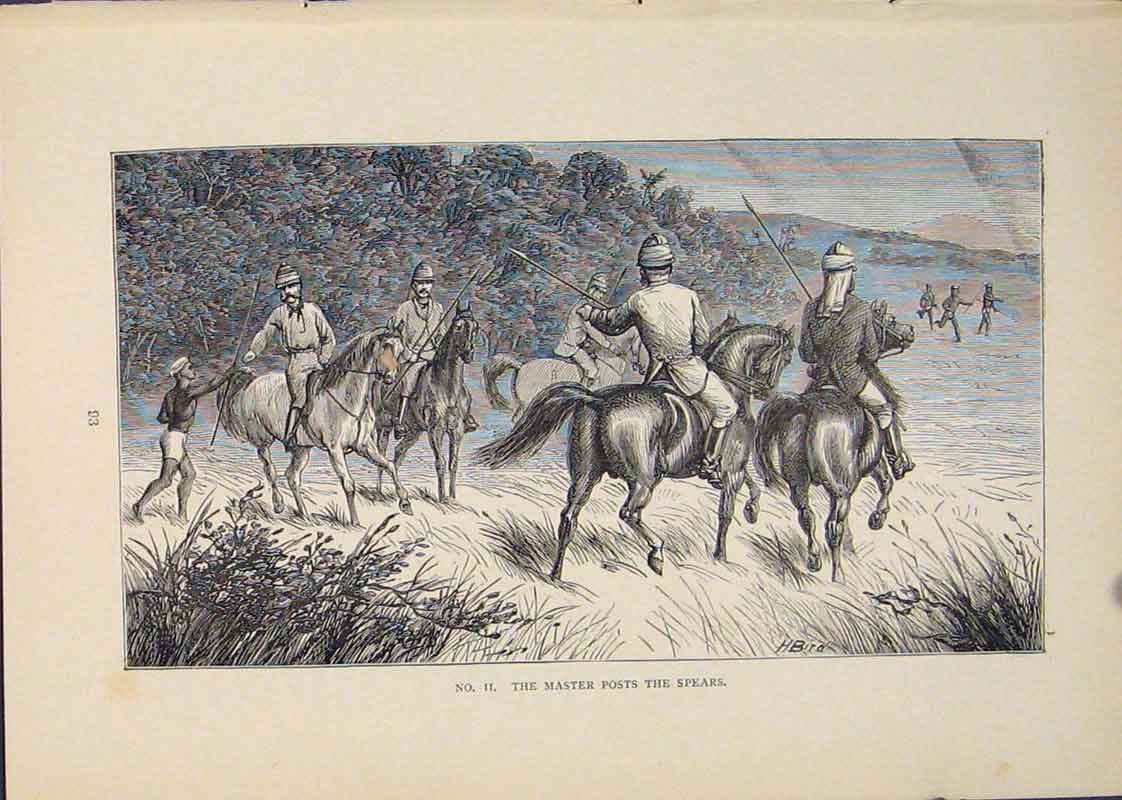 Original Old Antique Print Spear Spears Horse Battle Fight Art