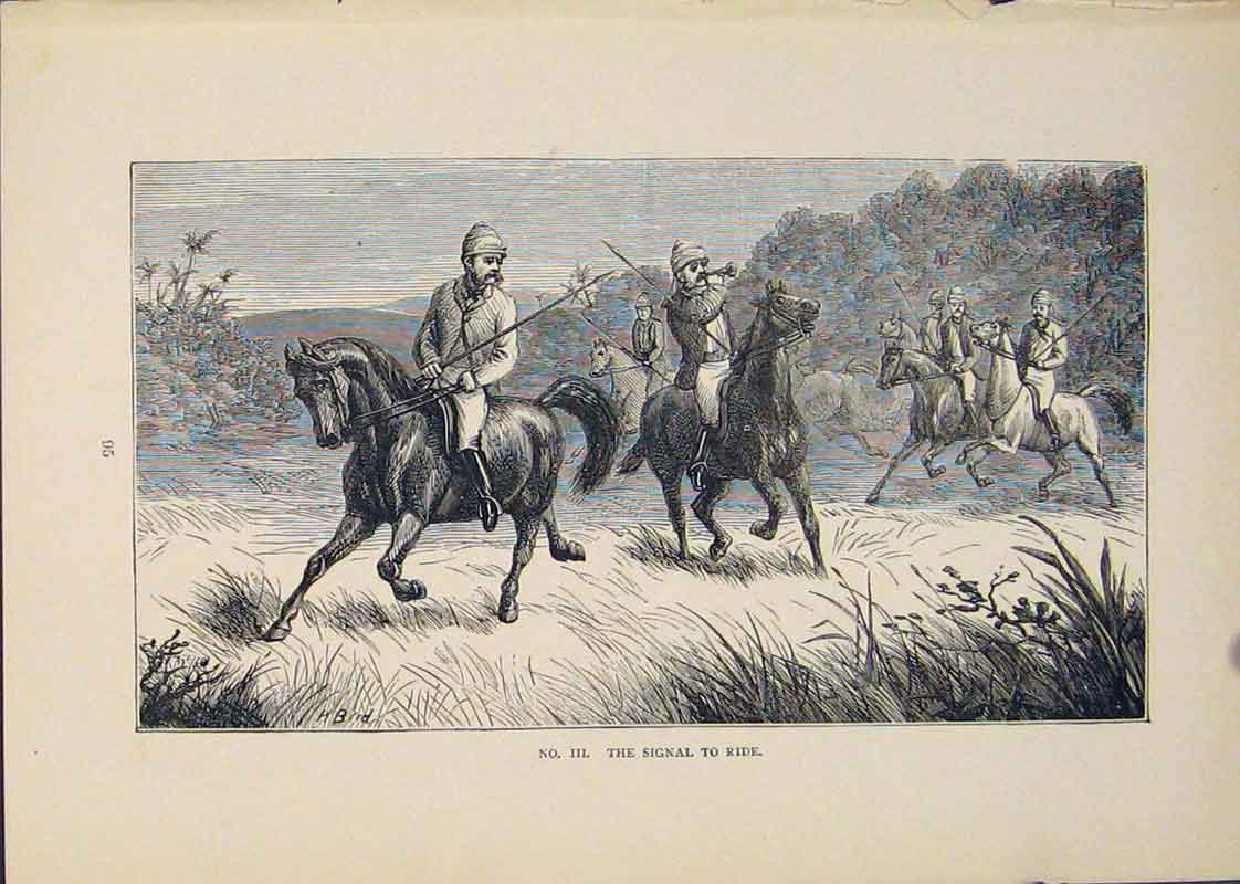 Original Old Antique Print Spear Spears Horse Ride Rider Riders