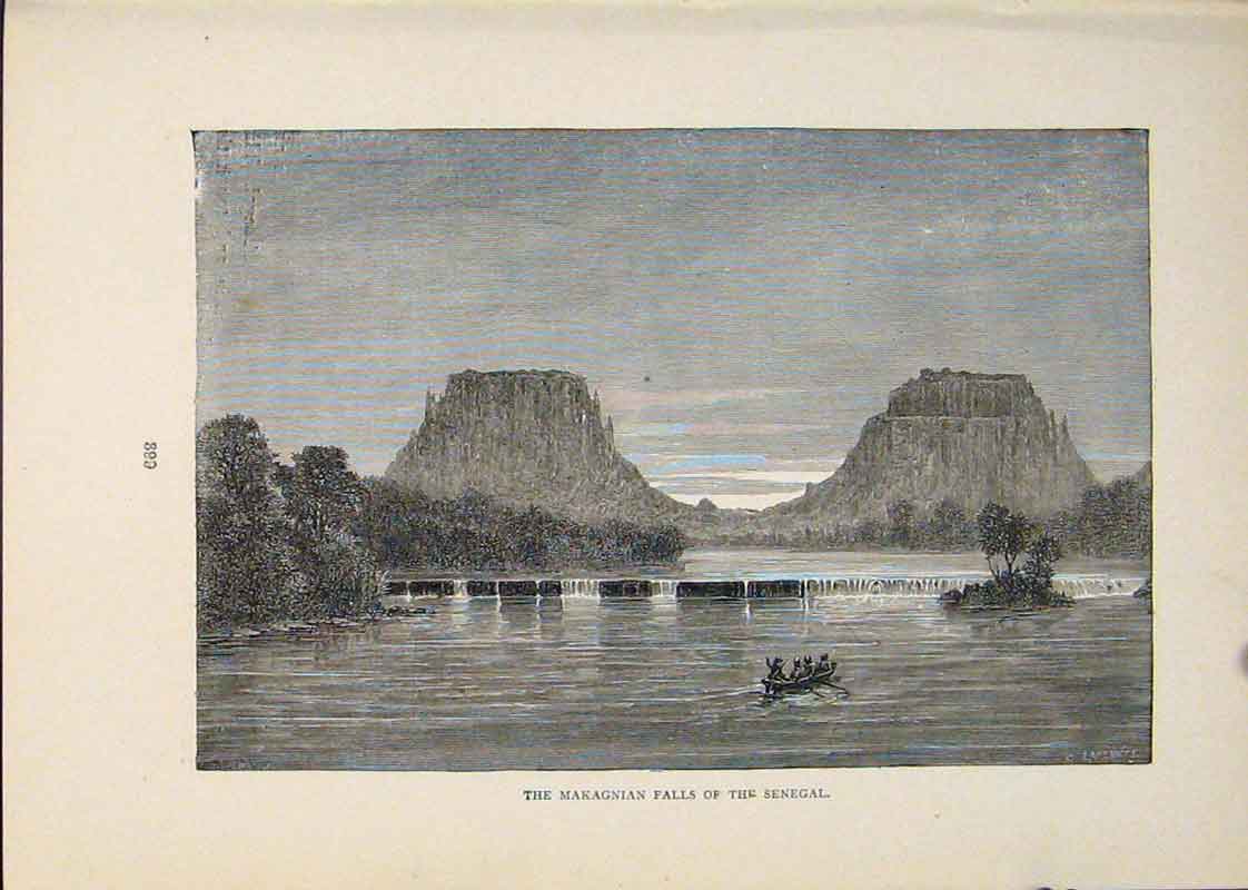 Original Old Antique Print Makagnian Fall Falls Senegal Water River Lake
