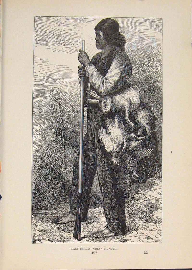 Original Old Antique Print Hunter Hunt Hunting Indian Indians