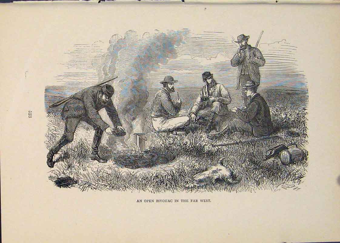 Original Old Antique Print Bivouac Camp Campsite Camping Men Hunter Hunters