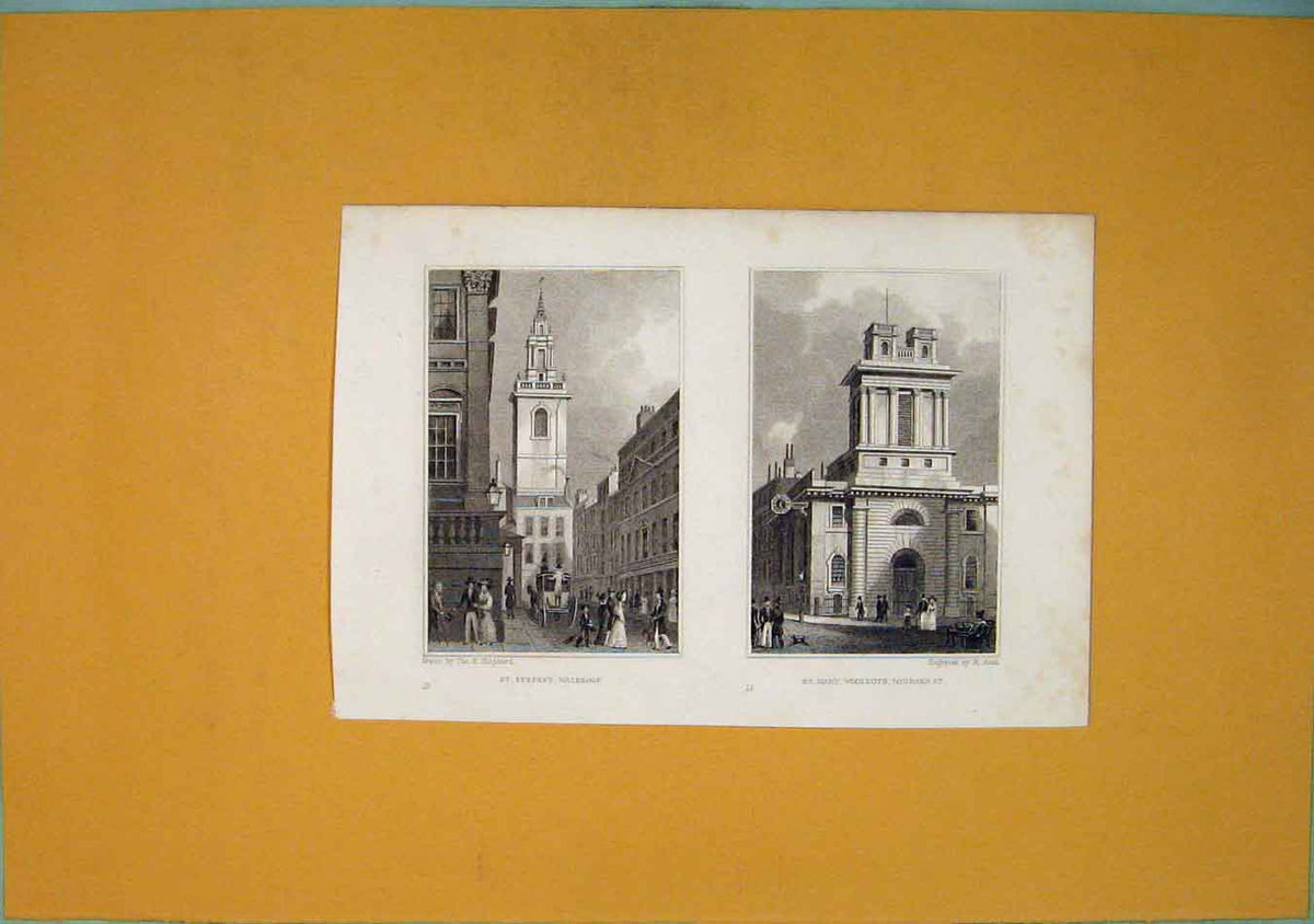 Original Old Antique Print St Stephen Walbrook Mary Woolnorth Lombard
