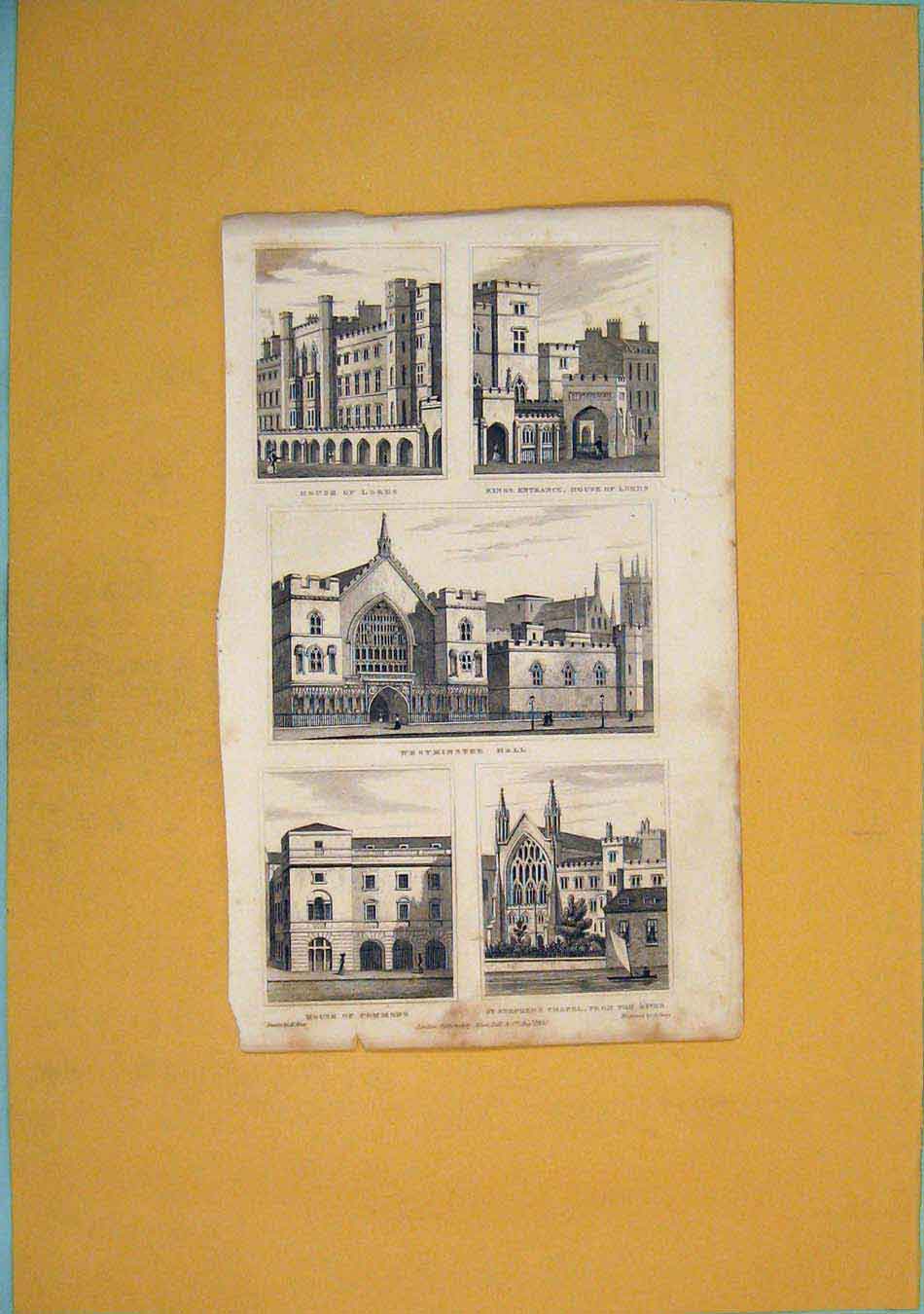 Original Old Antique Print House Lords Kings Entrance Westminster Commons Chapel