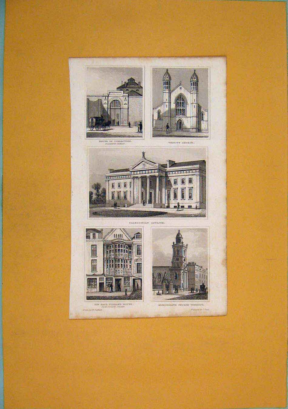 Original Old Antique Print Correction House Trinity Church Caledonian Pindar