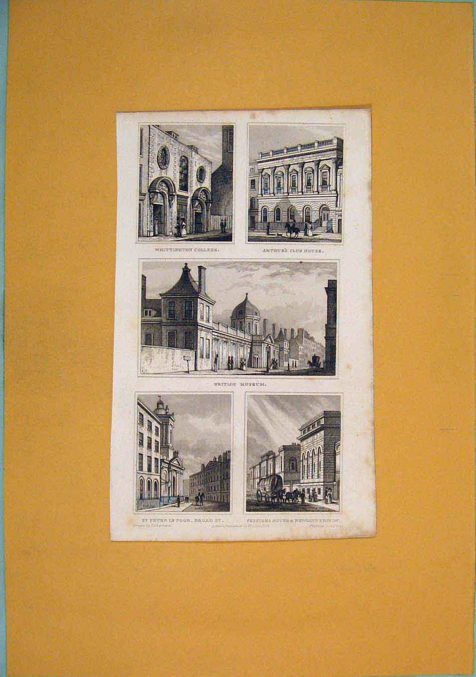 Old Antique Print Whittington College Arthur'S Club House British Museum