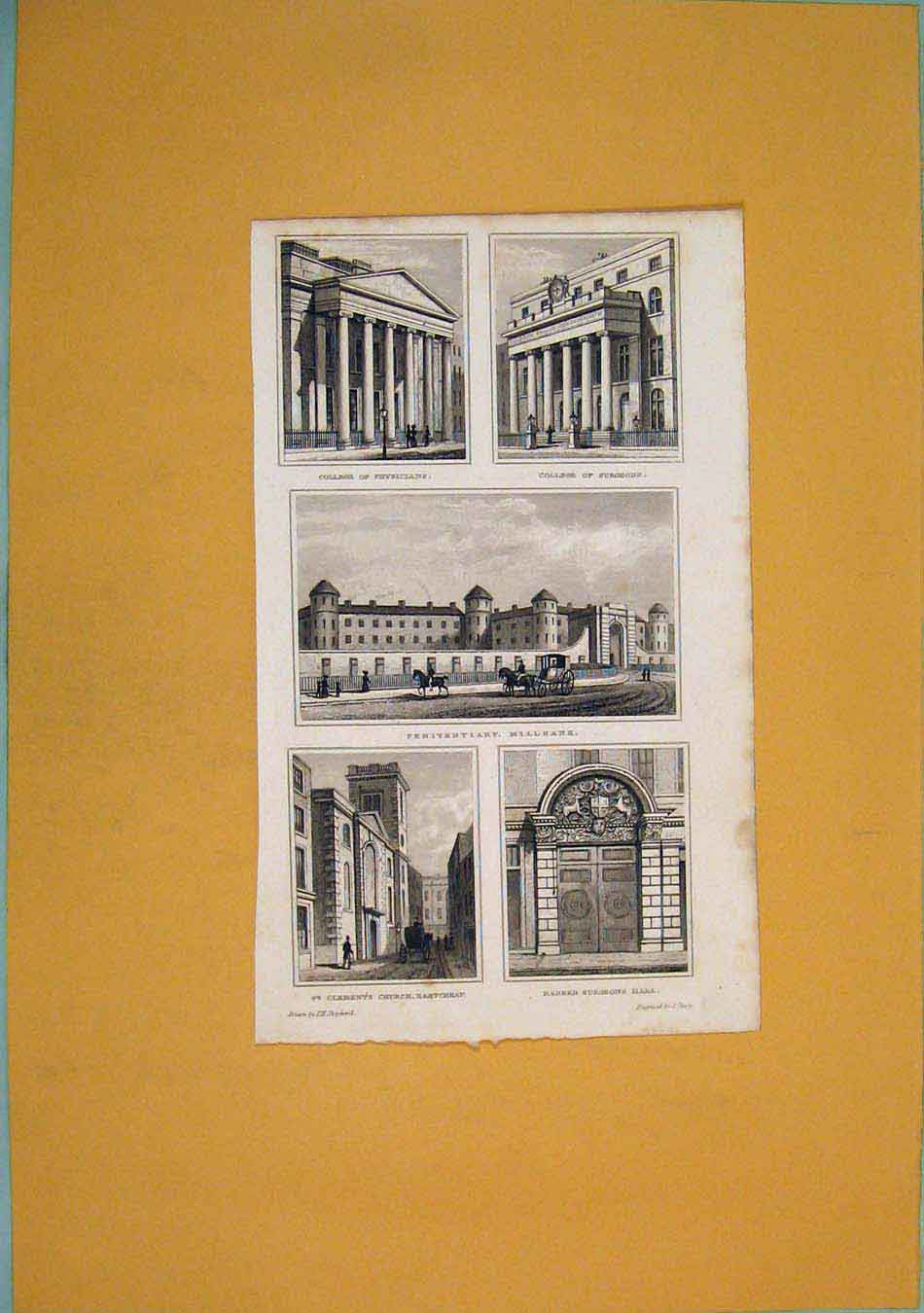 Original Old Antique Print College Physicians Surgeons Penitentiary St Clements