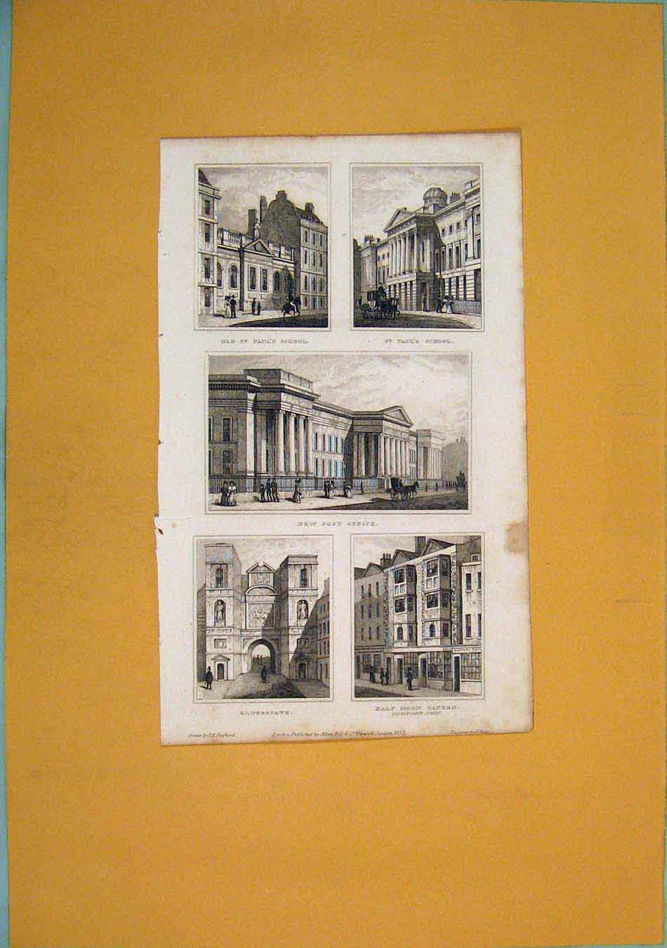 Original Old Antique Print St Pauls School Post Office Aldersgate Tavern