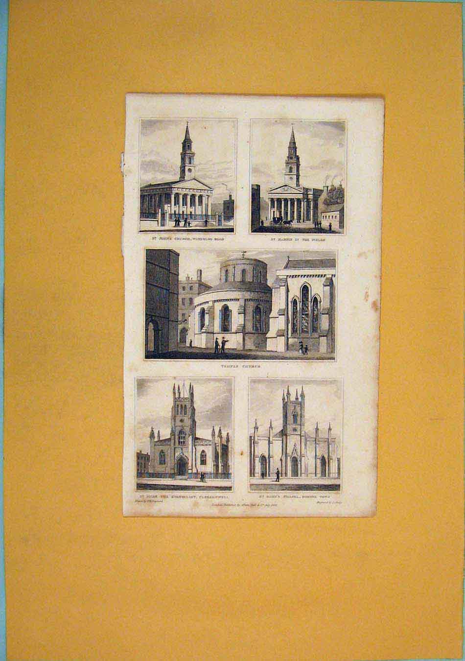 Original Old Antique Print St John'S Church Martin Temple Mark Evangelist Chapel