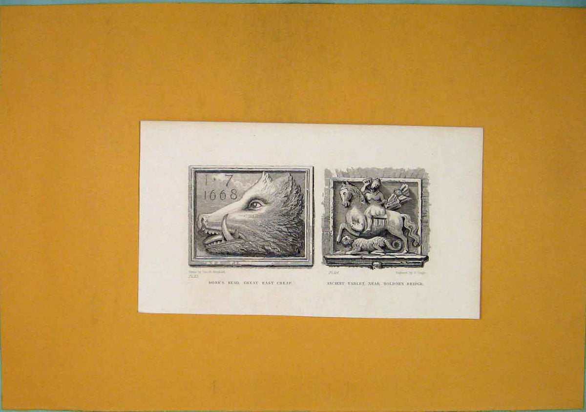 Old Antique Print Boars Head Great East Cheap Ancient Tablet Holborn Art