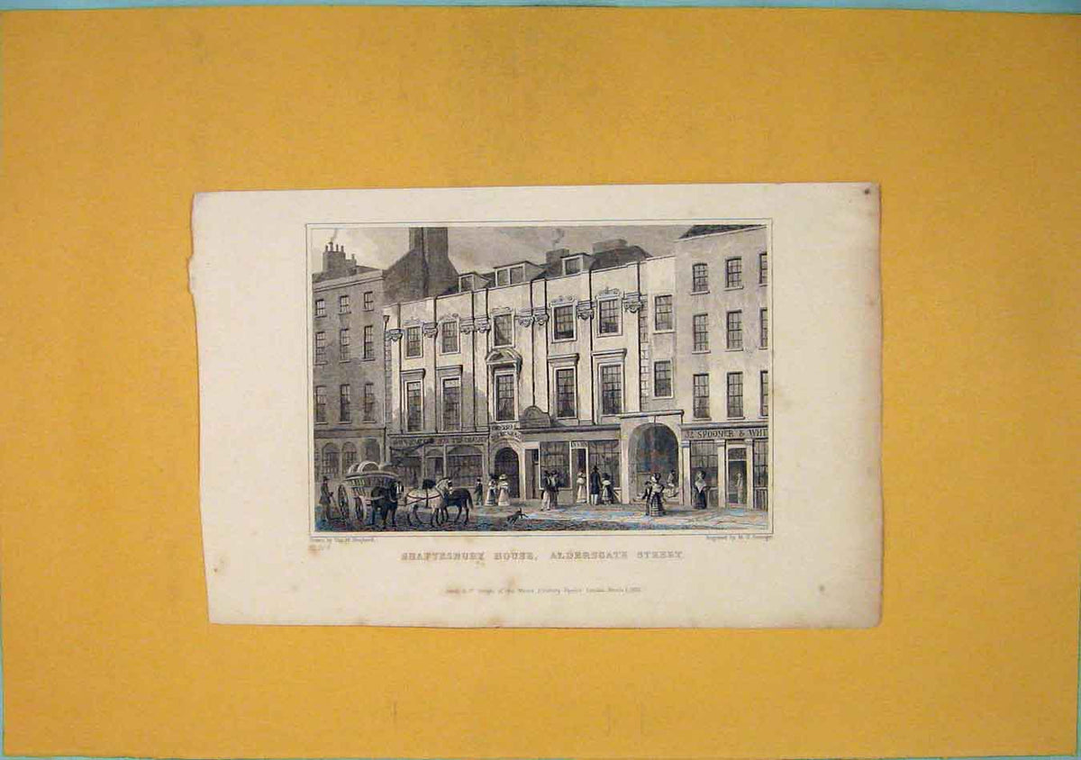 Original Old Antique Print Shaftesbury House Aldersgate Street