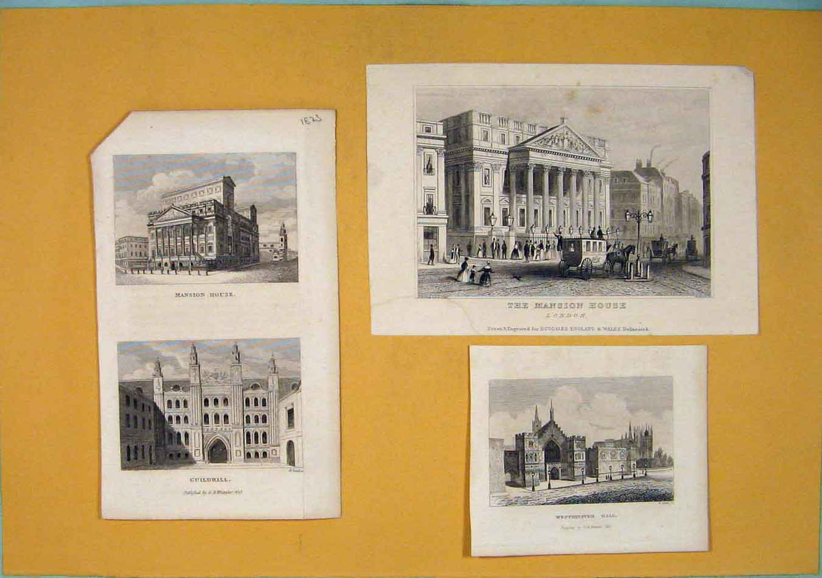 Original Old Antique Print Westminster Hall Mansion House Guildhall
