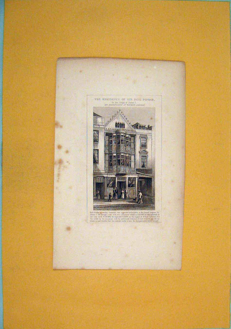 Original Old Antique Print Sir Paul Pindar Residence Home London C1831 19th