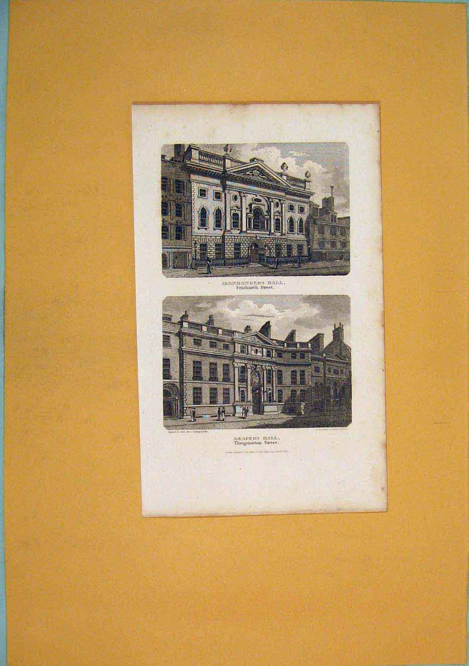 Original Old Antique Print Ironmongers Hall Drapers Hall C1831 19th Century