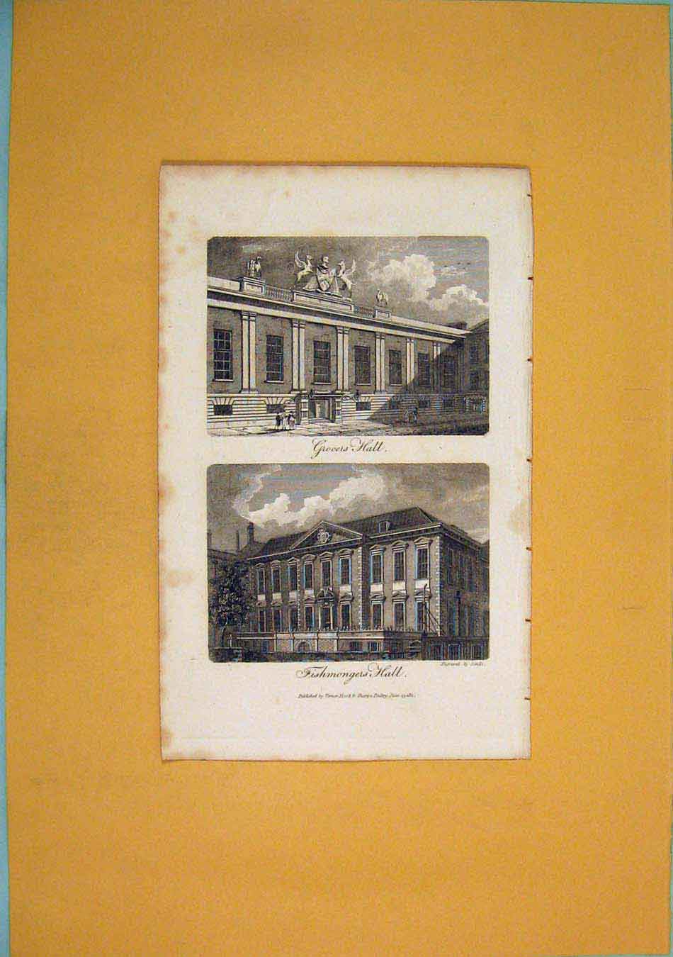 Original Old Antique Print Grocess Hall Fishmongers Hall C1831 19th Century