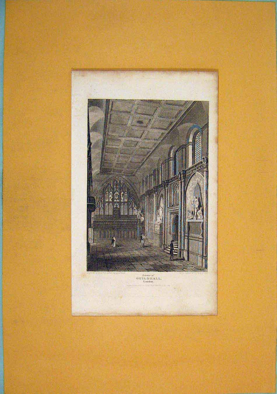 Original Old Antique Print Guildhall London Fine Art Interior