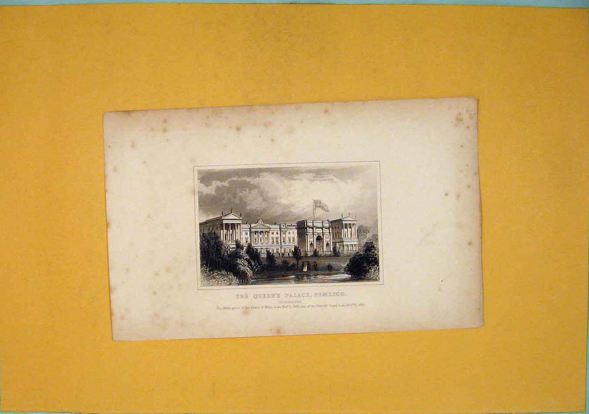 Original Old Antique Print Queens Palace Pimlico Middlesex London
