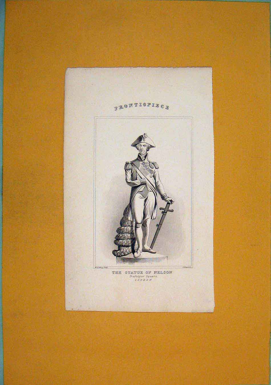 Original Old Antique Print Statue Nelson Trafalgar Square Frontispice London