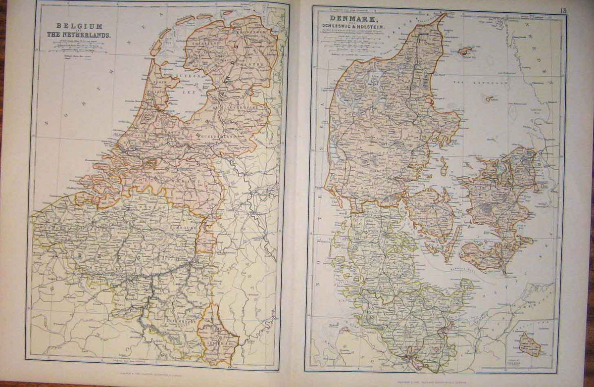 Original Old Antique Print Belgium Netherlands Denmark Geographical Map