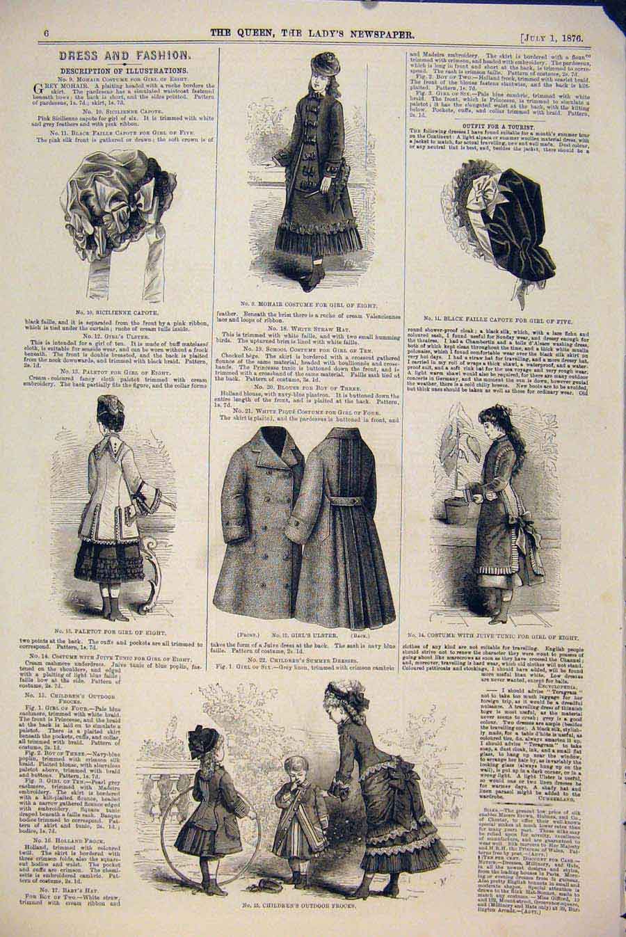Old Antique Print Ladies Fashion Dress Costume Mohair Children 1876 Child 19th