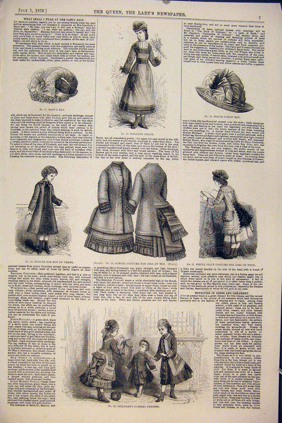 Original Old Antique Print Dress Ornament Fashion Frock Costume School Dresses