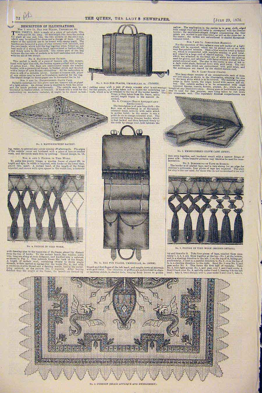 Old Antique Print Embroidery Millinery Leather Silk Jardiniere Bag Fringe