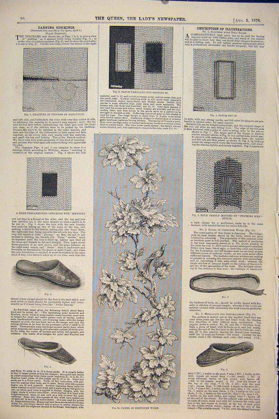 Original Old Antique Print Embroidery Darning Stocking Cretonne Patch 1876 19th