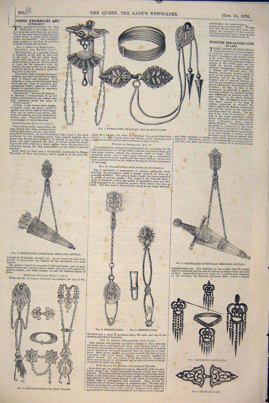 Original Old Antique Print Jewellery Knicknacks Butterfly Goblet Medal 1876