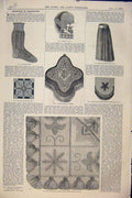 Old Antique Print Dress Fashion Embroidery Millinery Cushion Glove 1876 19th