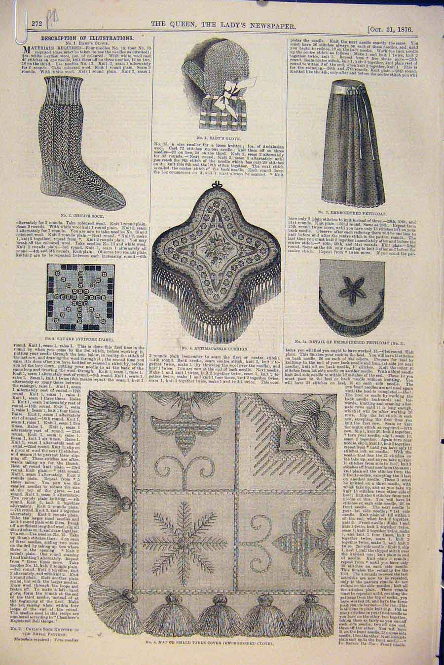 Old Antique Print Dress Fashion Embroidery Millinery Cushion Glove 1876 19th