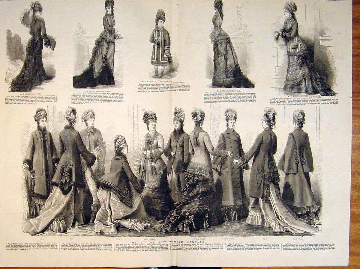 Old Antique Print Ladies Fashion Dress Costume Winter Mantles Armure 1876 19th