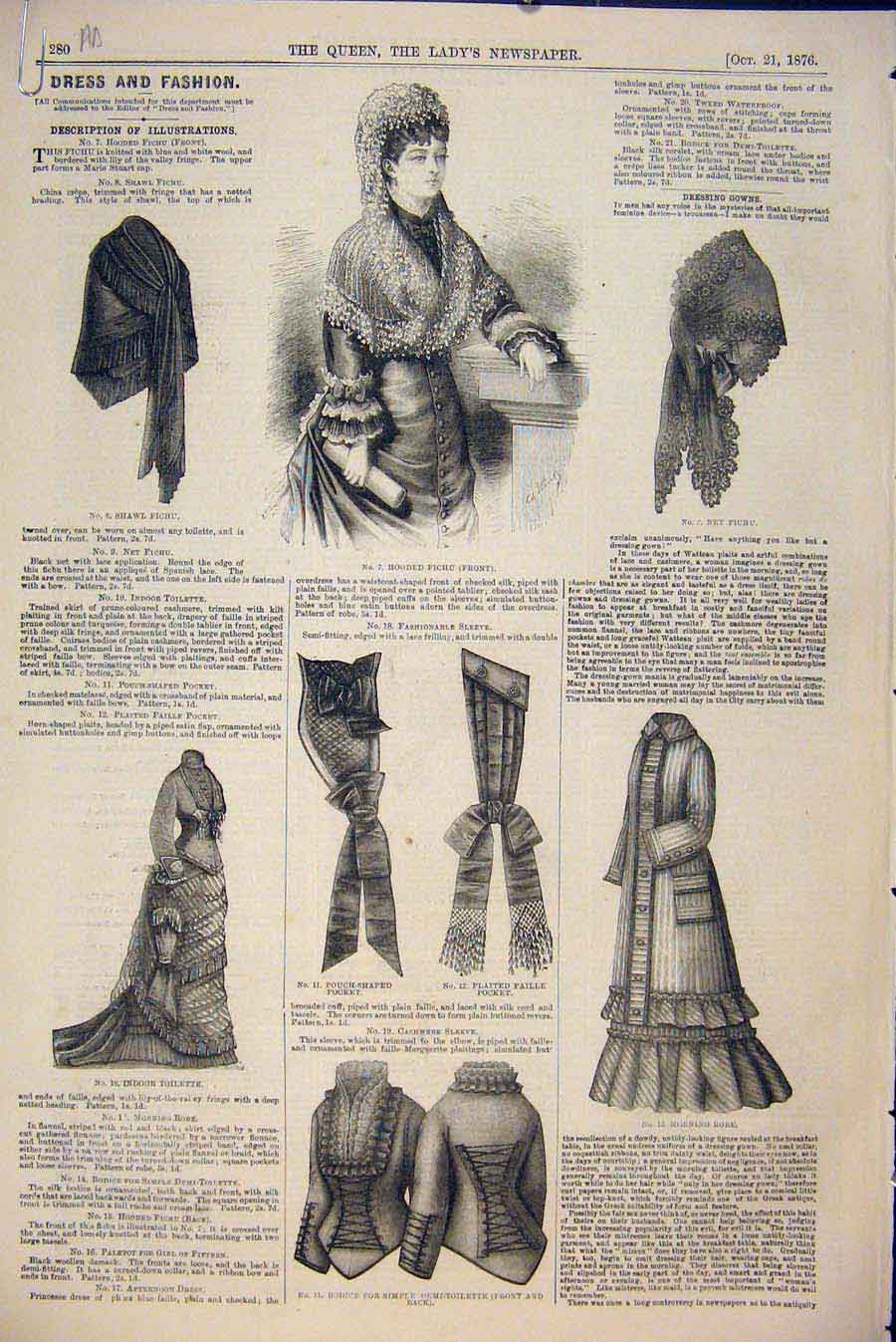 Original Old Antique Print Dress Fashion Shawl Fichu Tweed Ladies Bodice 1876