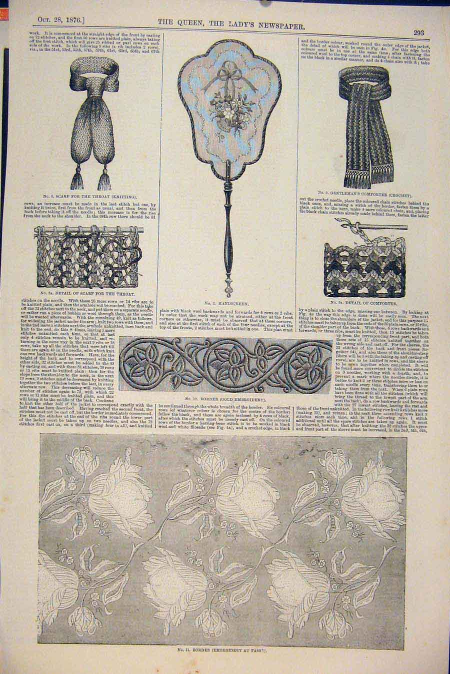 Original Old Antique Print Embroidery Trimming Scarf Crochet Fashion Border 1876