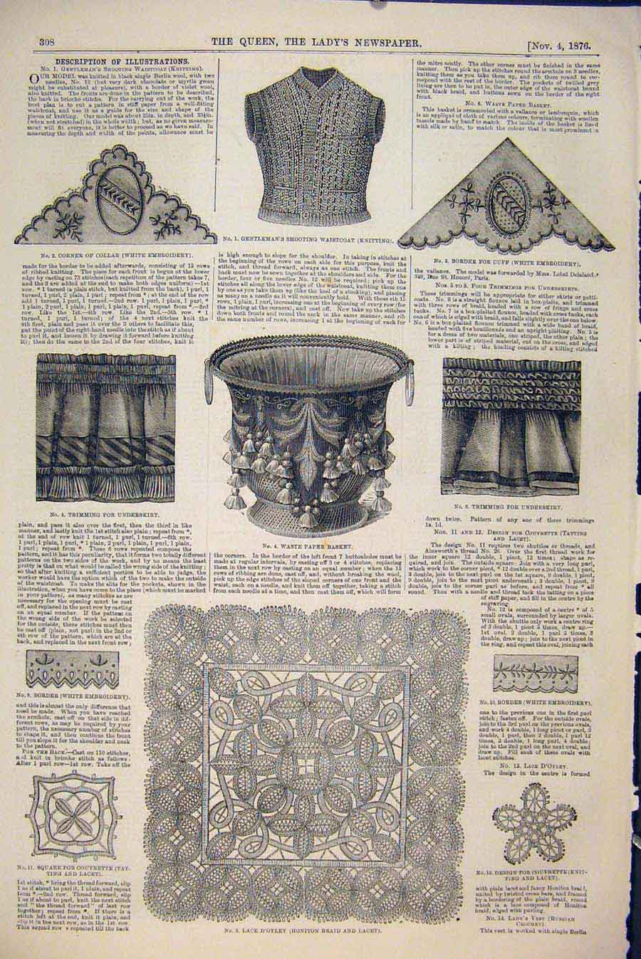 Original Old Antique Print Embroidery Lace Trimming Waistcoat Border Cuff 1876