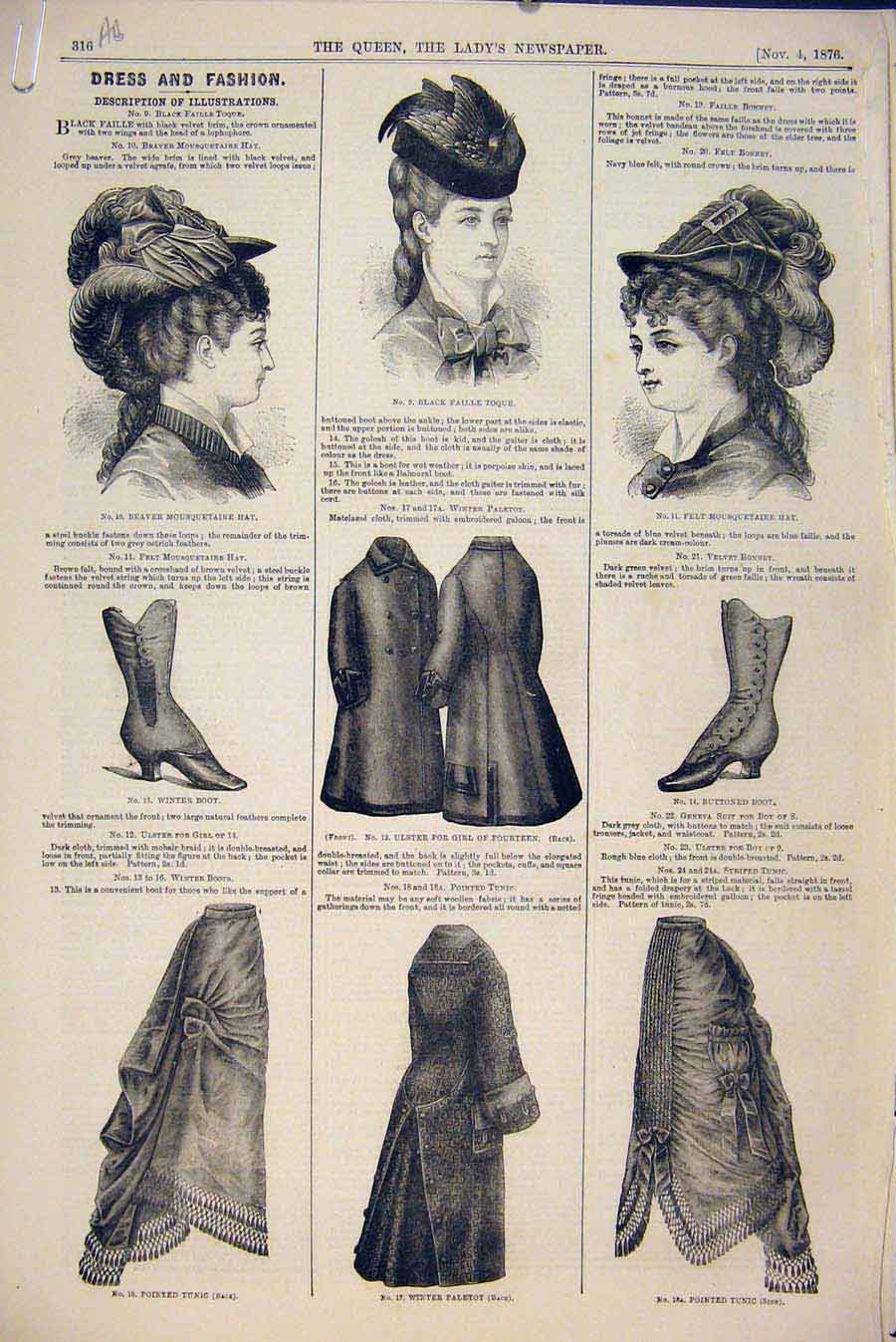 Old Antique Print Dress Fashion Girls Tunis Boot Bonnet Suit Ulster 1876 19th