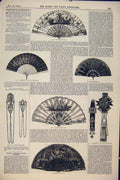 Original Old Antique Print Silk Fan Fans Ivory Satin Earings Lace 1874 Victorian